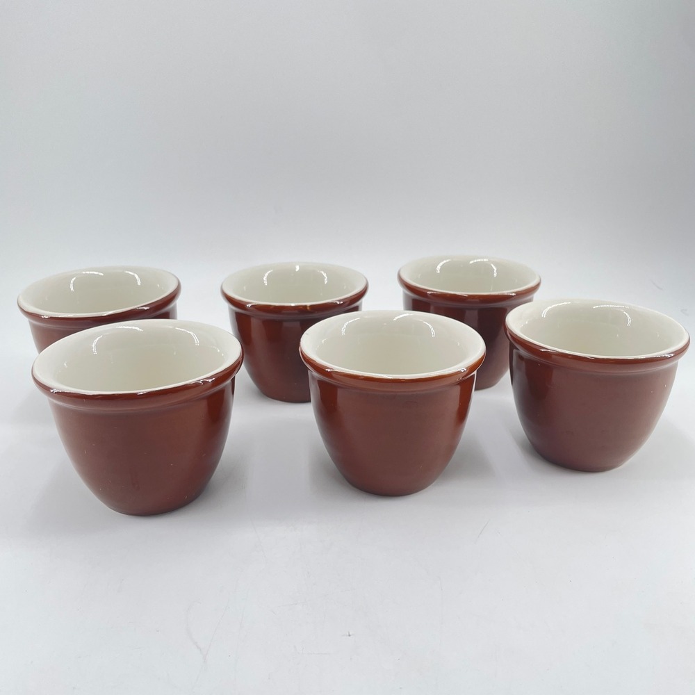 Vintage Hall China 352 Brown White Stoneware Custard Cups Ramekins set of 6 USA